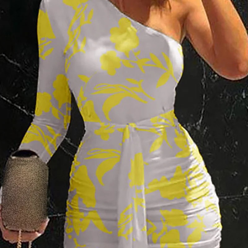 

Robe Sexy White Dress Women Bodycon One Shoulder Long Sleeve Ruched Wrap Long Dresses Party Dresses Robe Moulante Femme Autumn