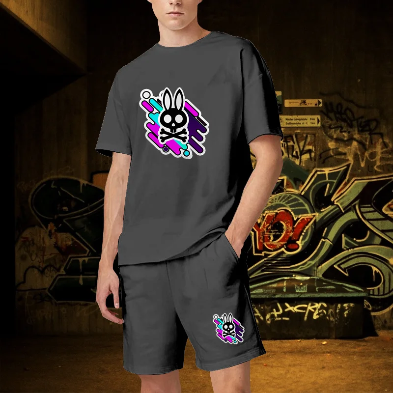 Skull Bunny Print High Quality Pure Cotton Tracksuits outfits Man TShirts Shorts 2 Pieces Set Causal Oversized Summer Men Set