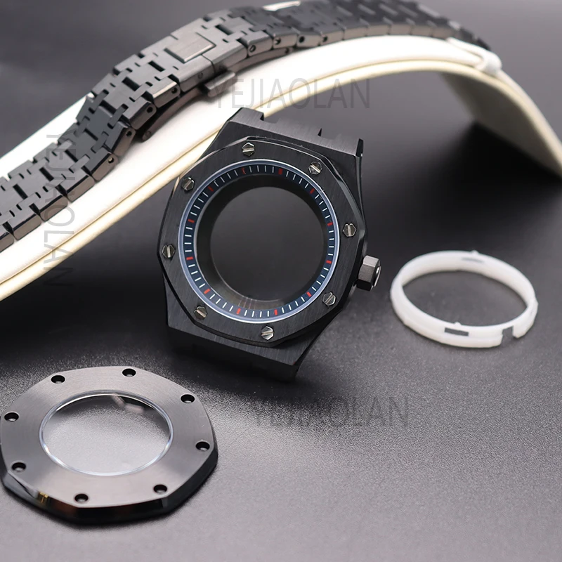 Black 41mm Watch Cases Bracelet Strap Parts For Seiko nh34 nh35 nh36 nh38 Movement 28.5mm Dial Sapphire Glass With Chapter Rings