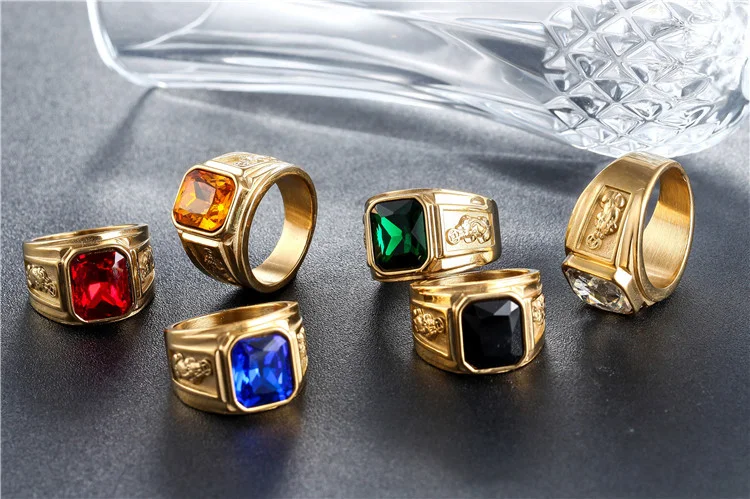 

European and American Simple Zircon Inlaid Emerald Big Gem Alloy Ring Men's Multi-color Diamond Wedding Men's Jewelry Ring