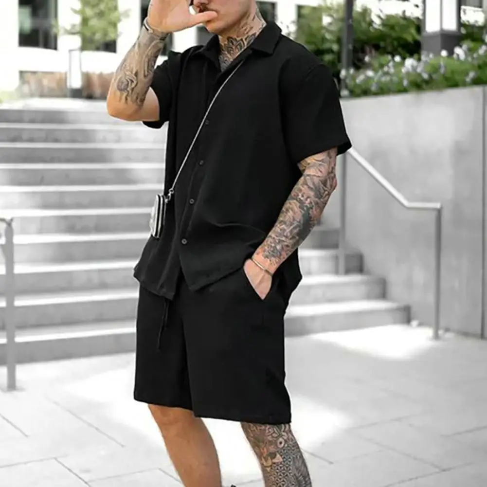 2Pcs/Set Men Casual Outfit Lapel Short Sleeve Shirt Elastic Waistband Drawstring Wide Leg Shorts Set Solid Color Tracksuit