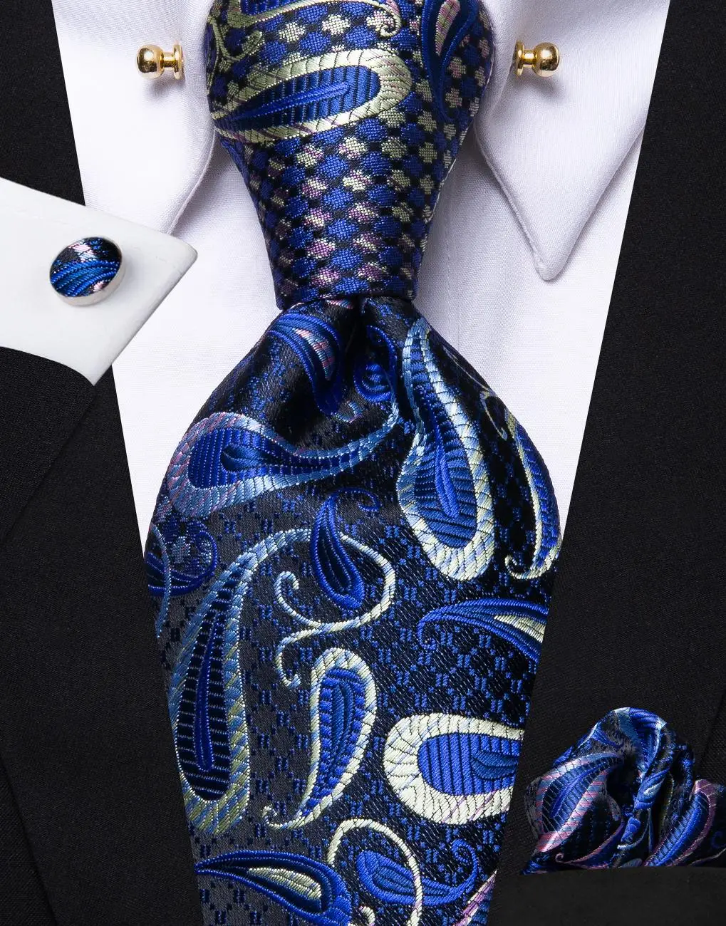 

Темно-синий Шелковый Свадебный галстук с пейсли для мужчин Hi-Tie, дизайнерские мужские галстуки-запонки, вечерние галстуки с воротником, Прям...