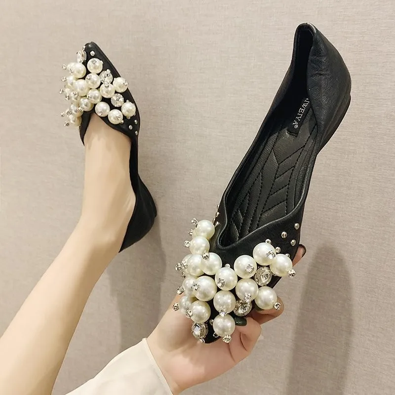 2023 New Pearl Pointed Toe Shallow Women Shoes Zapatos De Mujer Spring Casual Shoe PU Leather Slip on Basic Flats Casual