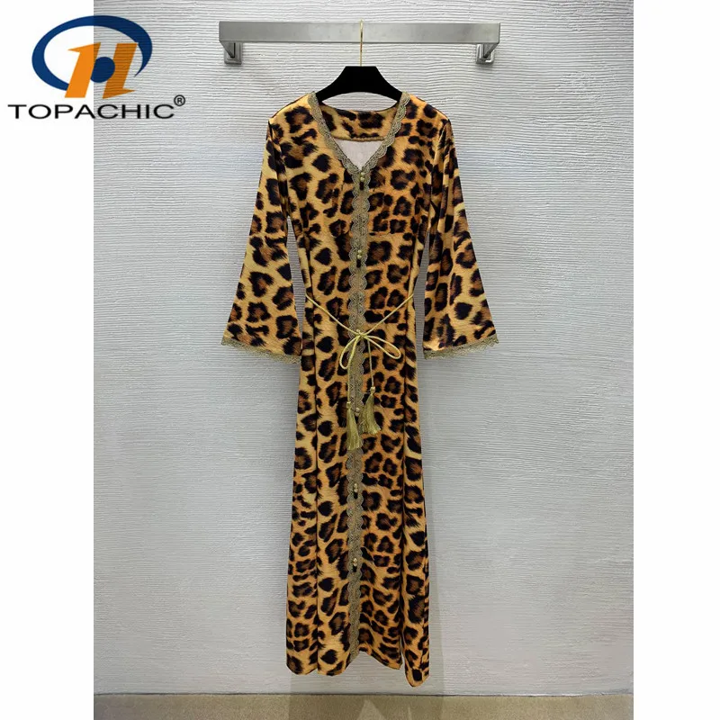 

6.3 High Quality Embroidery Spliced Leopard Print V-Neck Long Sleeve Dress + With Tassel Sashes Long Dress