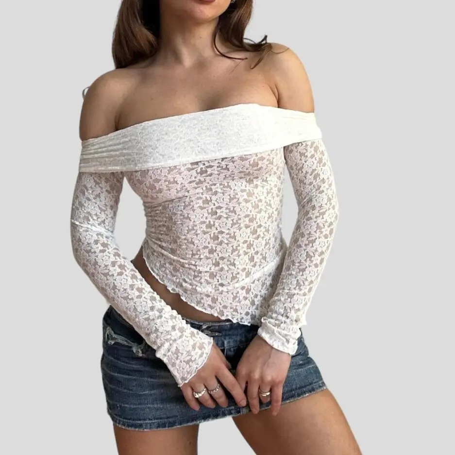 

Fashion Women's Tube Top Floral Lace Cropped Shirt Slim Fit Long Sleeve Off-Shoulder Tops Streetwear Clubwear Summer Camis Y2k
