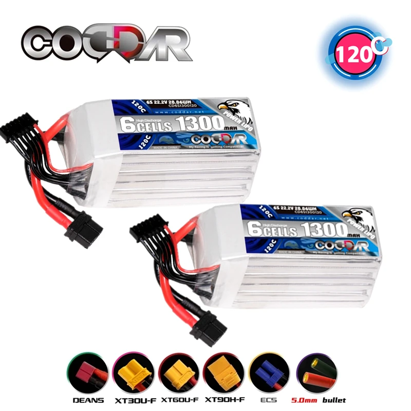 

CODDAR 6S 120C 1300mAh 22.2V Lipo Battery With XT60 XT150 TRX Plug For FPV Quadcopter RC Helicopter Racing Drone High Capacity