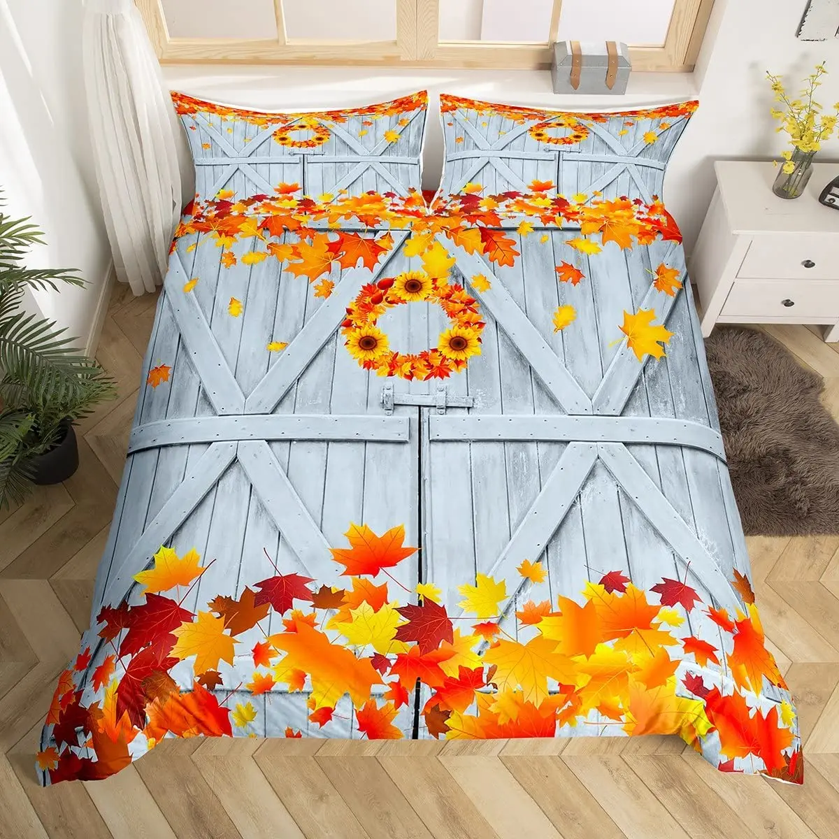 

Комплект постельного белья большого размера с цветочным рисунком, одеяло с подсолнухами и кленовыми листьями, набор постельного белья в сельском стиле