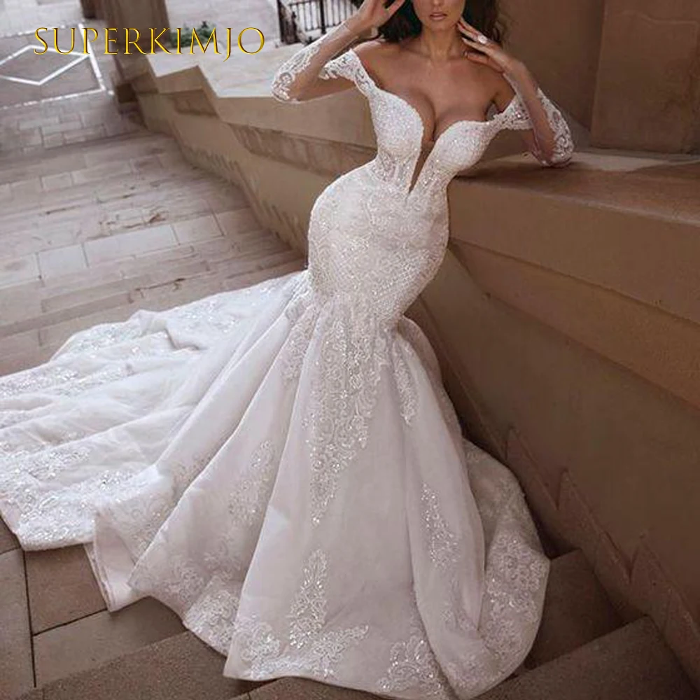 

SuperKimJo Robe De Soiree De Mariage Mermaid Wedding Dresses for Women Lace Applique off the shoulder Elegant Bridal Dress