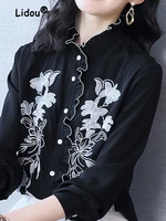 black patchwork embroidered top women 2022 spring new fashion stand collar single breasted slim fungus side of imitasilk shirt