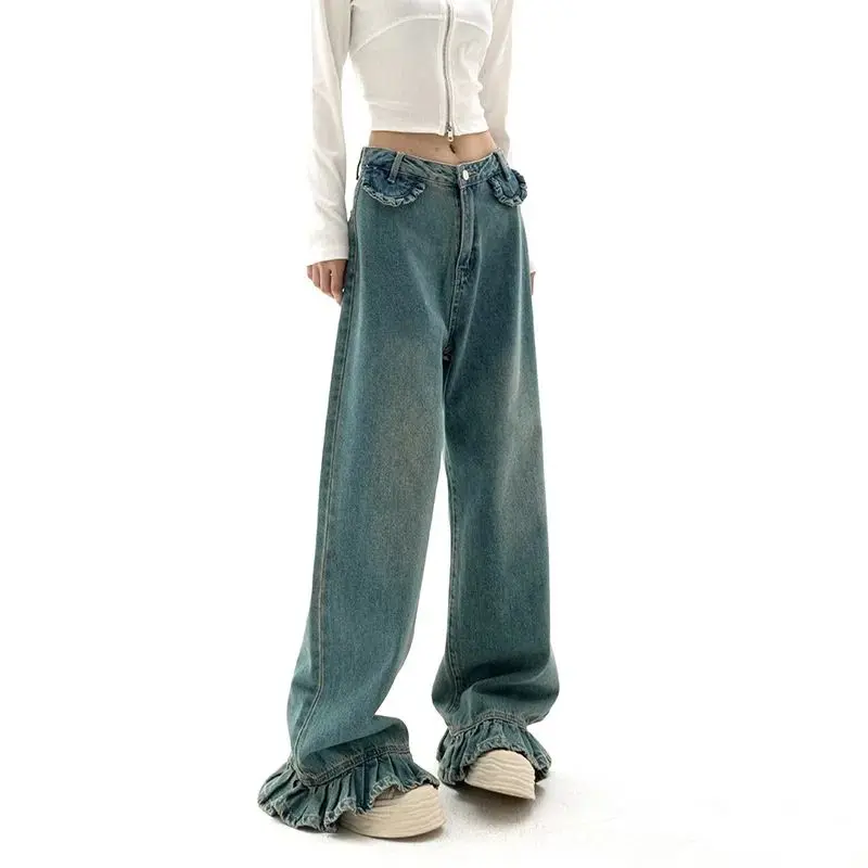 

Spring Women Vintage Baggy Jeans Elastic Waist Oversized American Trouser Denim Wide Leg Streetwear Straight Basic Pants V624