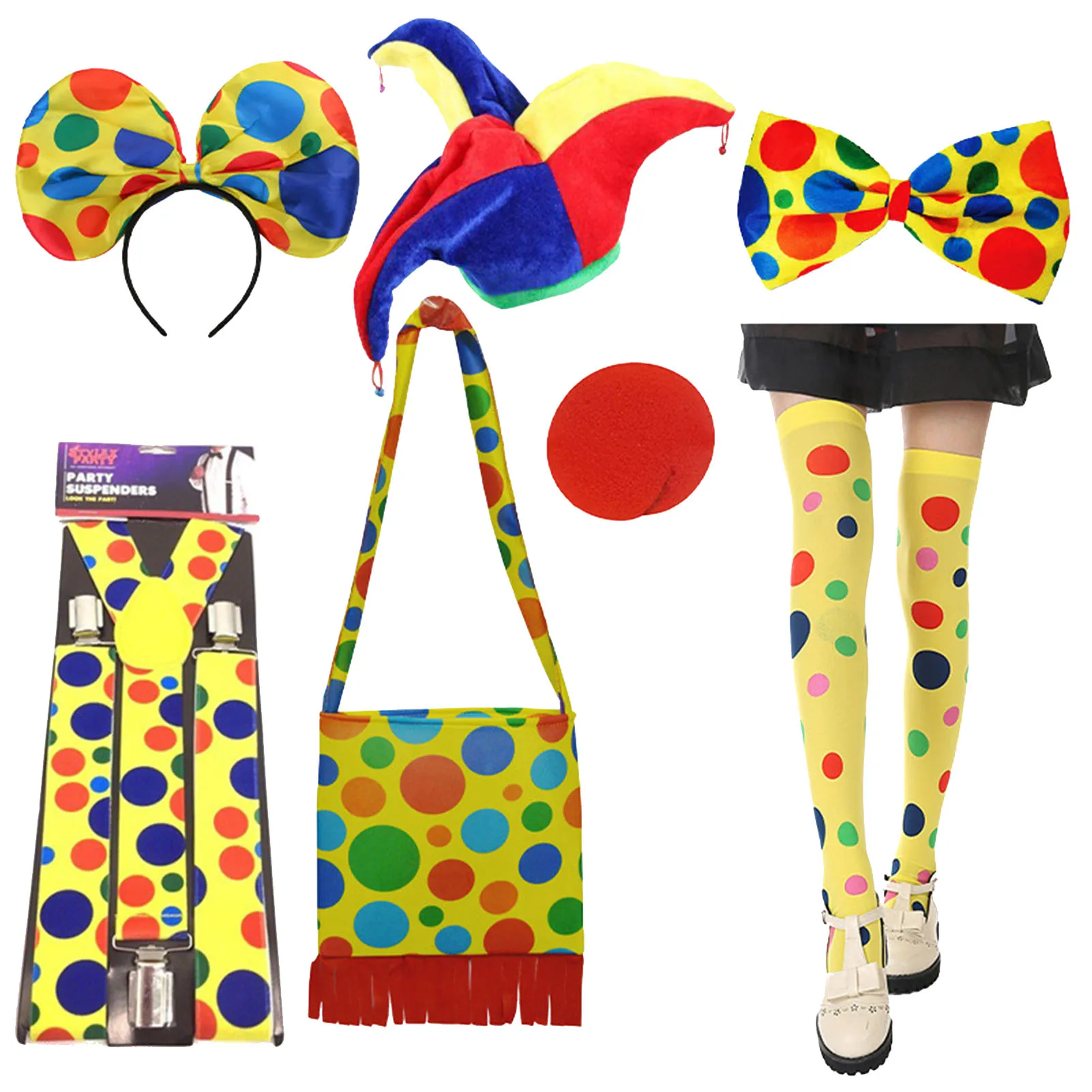 

Clown Costume Set Funny Clown Costume Accessories Include Clown Nose/Hat/Headband/Bow Tie/Over Knee Socks For Parties Carnivals