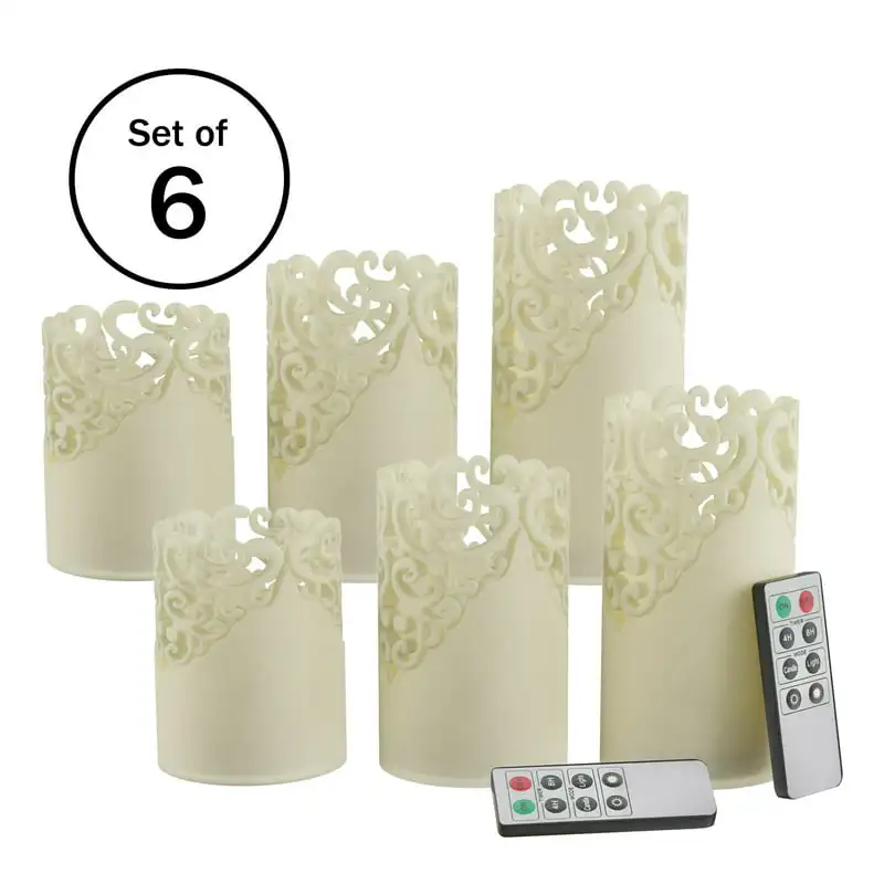 

LED Candles with Remote Control – Set of 6 Realistic Flameless Pillar Lights with Lace Details and Vanilla Scented Wax – Hom