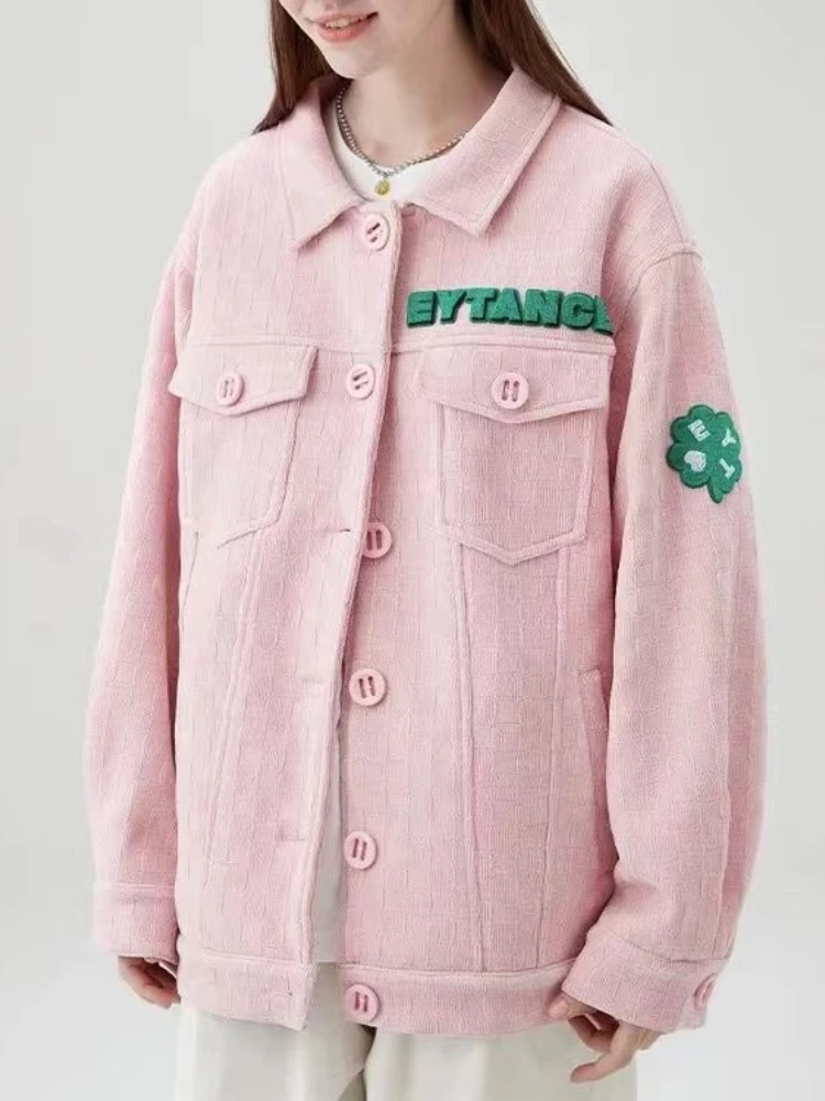 

Женская однобортная куртка с карманами, Повседневная Свободная однотонная куртка с отложным воротником и длинными рукавами в стиле преппи,...