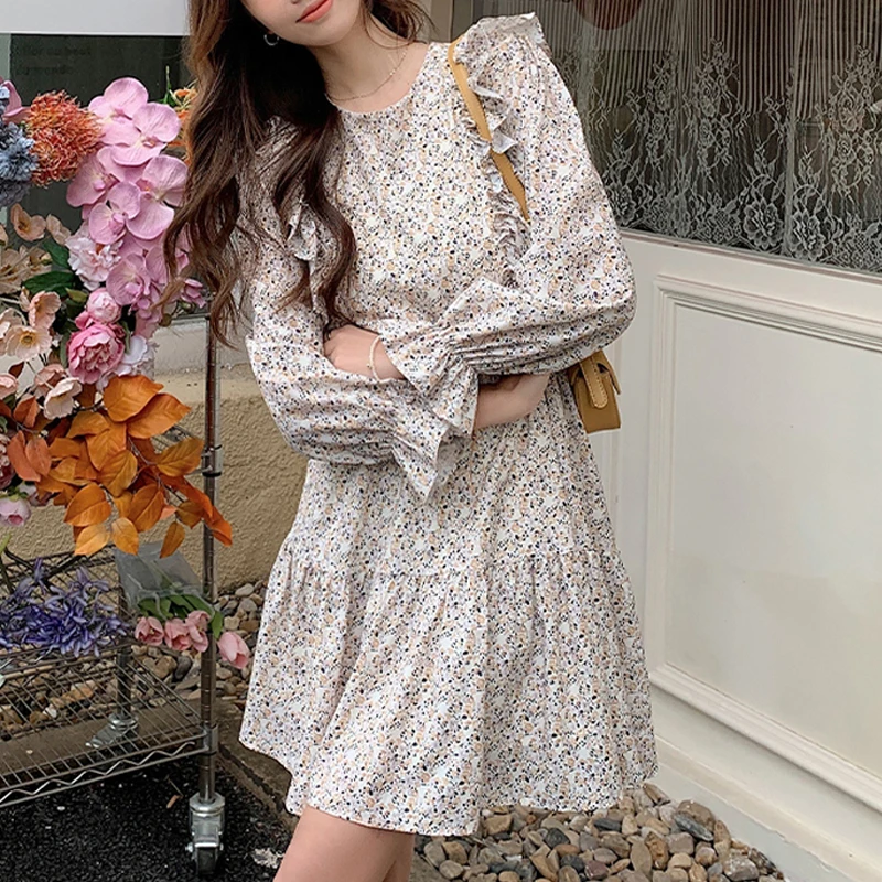 

Женское платье для отпуска, желтое, синее платье в Корейском стиле, элегантное короткое платье-трапеция с принтом и длинным рукавом, 24519