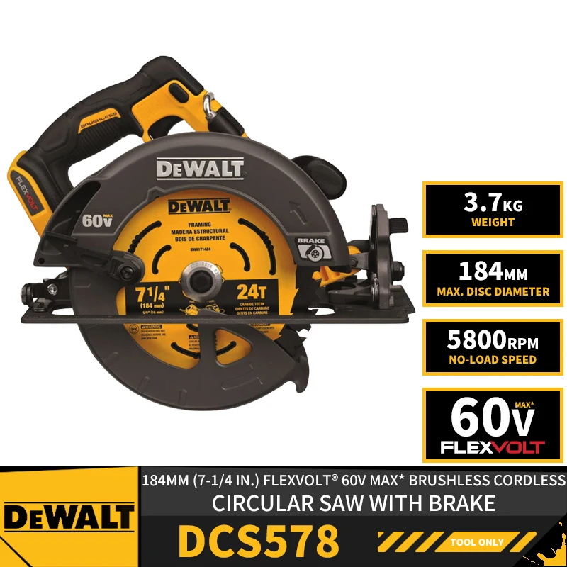 

DEWALT DCS578 184 мм 7-дюйма FLEXVOLT®60 В Макс. * бесщеточная Беспроводная циркулярная пила с тормозом литиевые электроинструменты 5800 об/мин