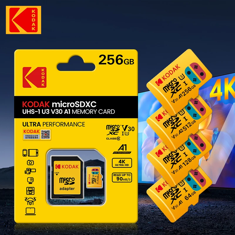 

Original Kodak U3 Micro SD Card 512GB SDHC 128GB 256GB SDXC Class 10 V30 Flash Memory Game Cards Microsd TF Card with SD Adapter