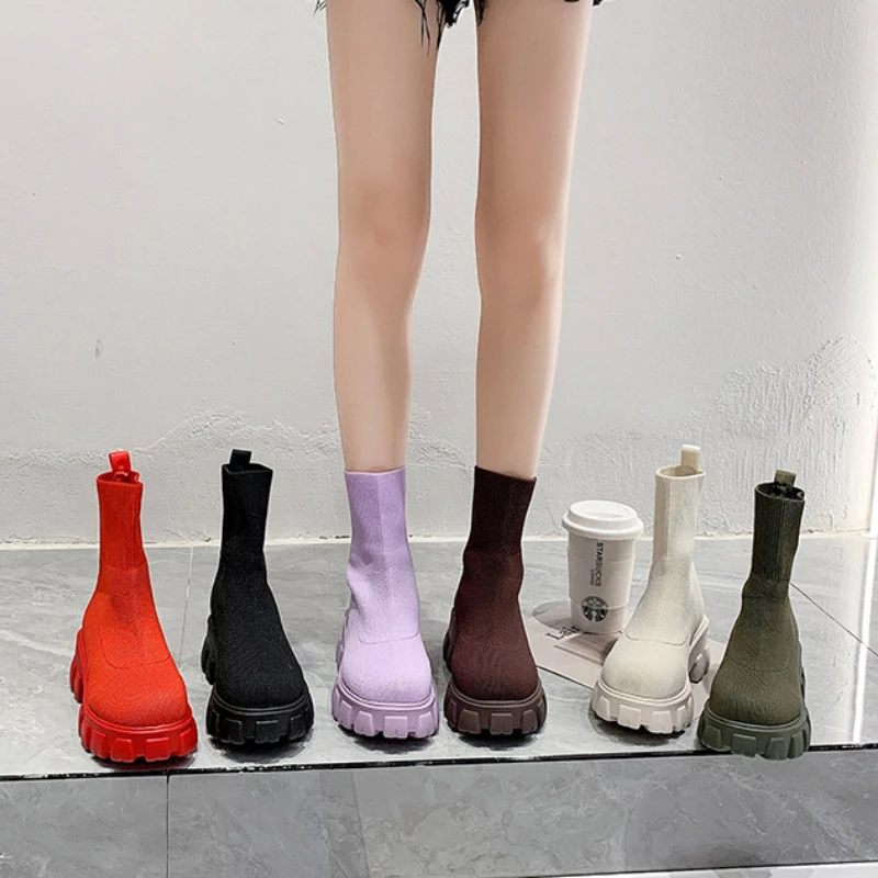 

Женские ботинки-носки на массивной платформе, Повседневные вязаные короткие ботинки на толстой подошве, женские ботинки, модель ML8,