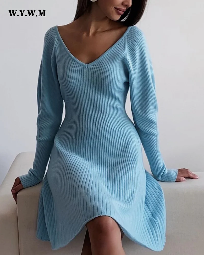 

WYWM 2022 Winter Knitted Long Sleeve Dresses Women Soft Lazy V-neck Sweater Sexy Pit Streaks Flexible Ladies Vestidos Clothes