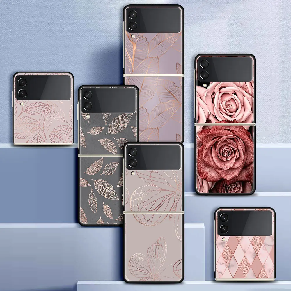 

Rose Pink Bling Cute Funda Case For Samsung Galaxy Z Flip 3 5G Luxury ZFlip3 Black PC Hard Shockproof Back Phone Coque Tampa