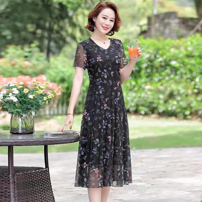 

BA32 Middle aged Mom Summer Ramie High end Dress Cotton Hemp Covering Stomach Slim Large Fat mm Skirt 2023 New