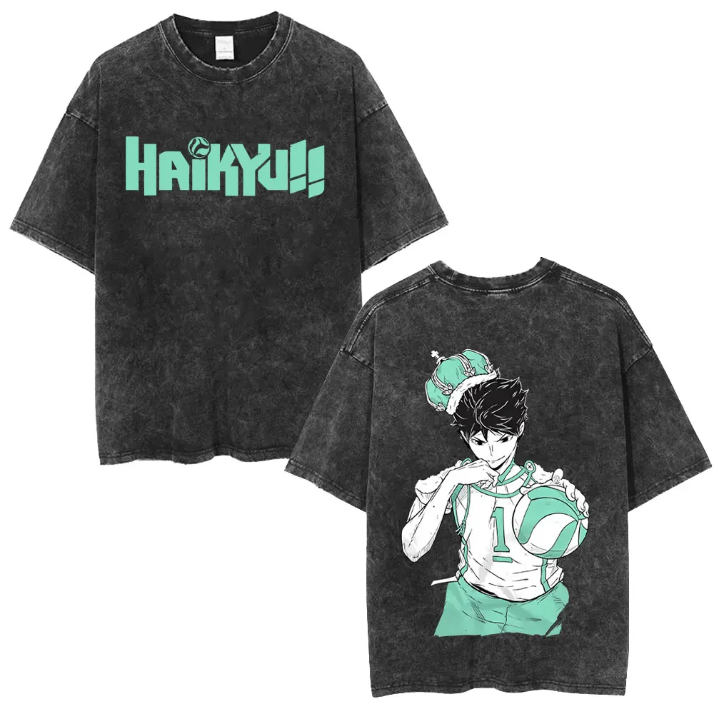 Фото Винтажная футболка унисекс с принтом аниме Haikyuu Hinata Shoyo и Tobio Kageyama, оверсайз, хлопок №3