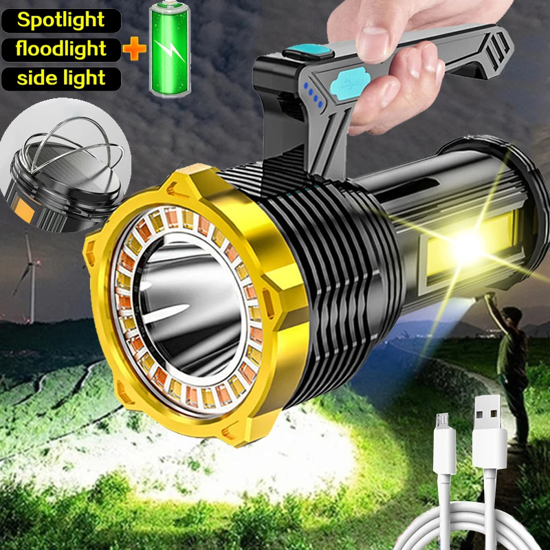 

Мощная Вспышка, ручной поисковый светильник, светодиодный портативный светильник для кемпинга, сильный светильник, перезаряжаемый фонарик...