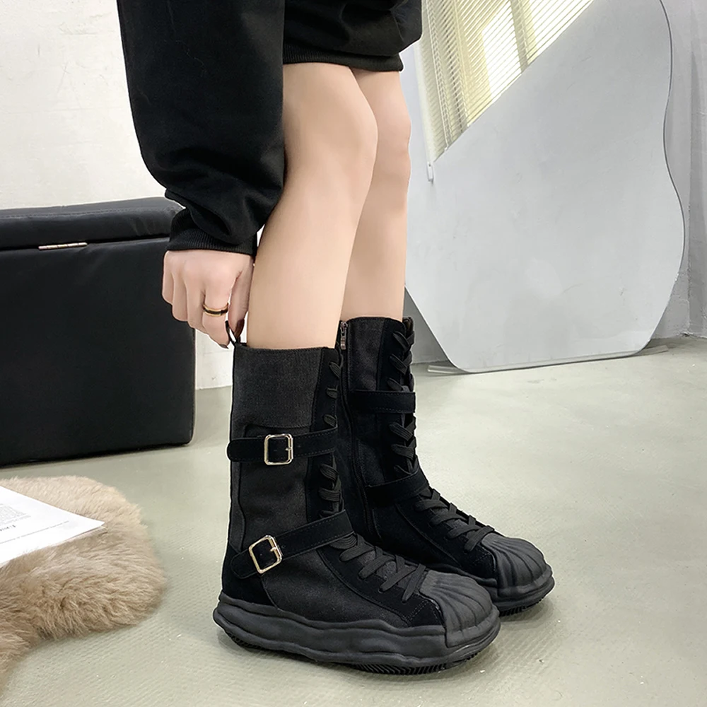 Mid-tube canvas Martin boots female autumn women 2023 new tooling big yellow boots thin thin short boots high top shoes