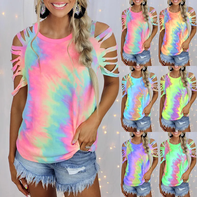 

Cross-border Summer New European And American Women's Tie-dye Printed Short-sleeved Off-shoulder Sexy Casual T-shirt