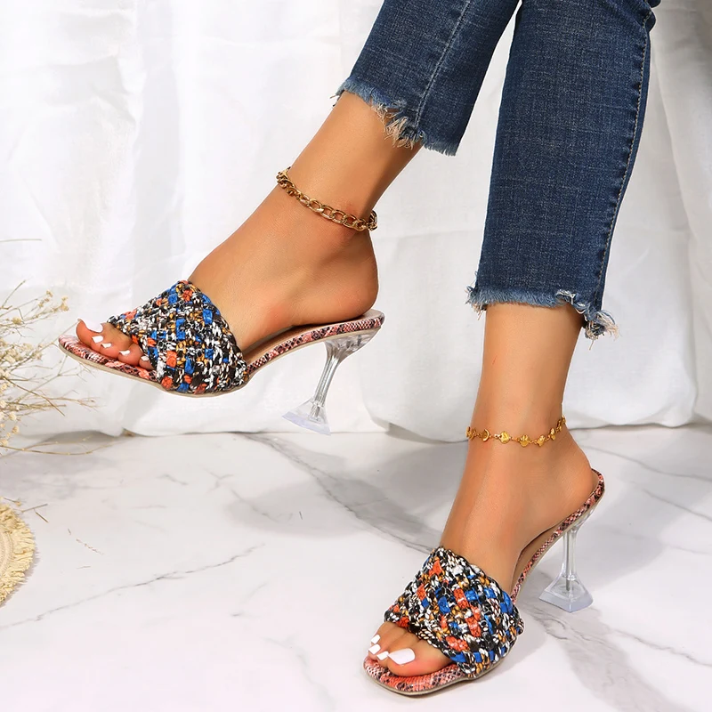 

2022 New Summer Design Weave Square Toe Clear Heels High Quality Slippers Gladiator Beach Womens Sandal Slides Shoes Size 36-43