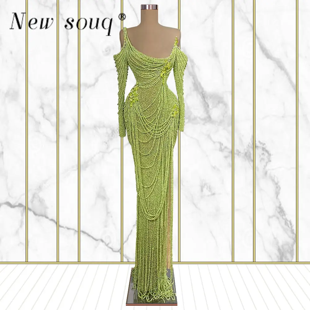 Зеленое Длинное Вечернее Платье с жемчугом пикантное платье русалки открытыми