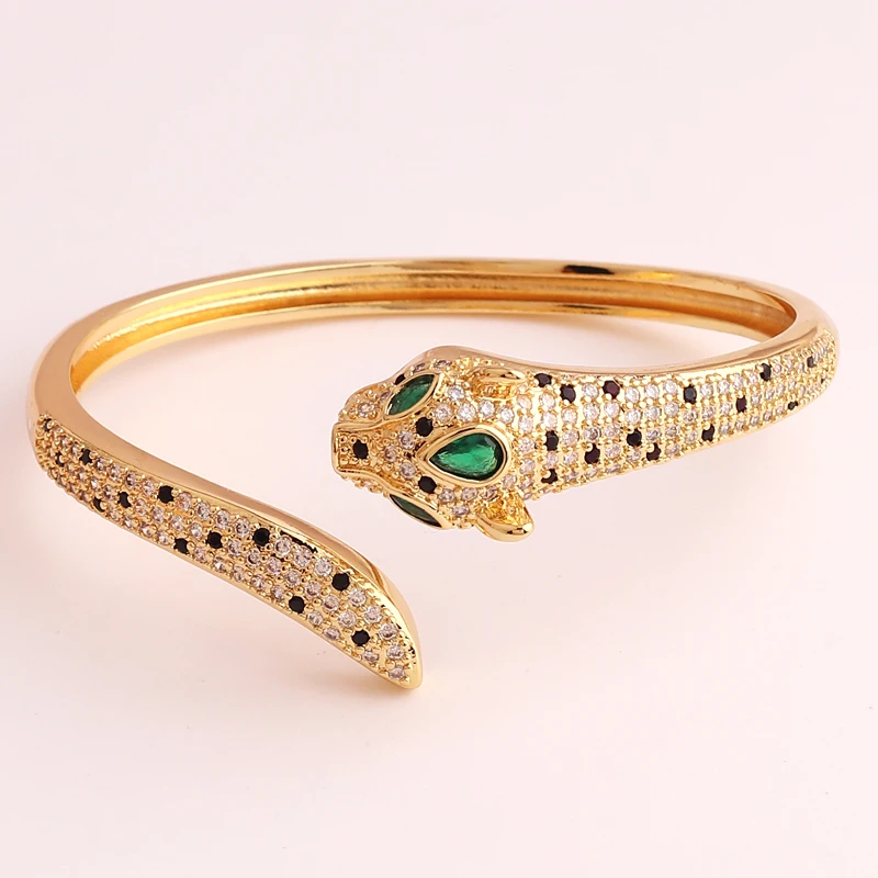 

New Fashion Statement Animal Cuff Bangle Gold Plated Green/Blue/Red Eye Black Zircon Spots Leopards Bracelet For Women Men Gift