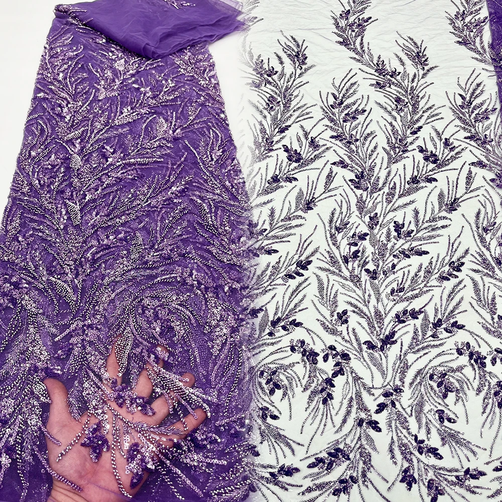 

Новая французская Тюлевая сетчатая кружевная ткань из полиэстера, роскошная фиолетовая Свадебная вышитая бисером ткань для свадебного платья