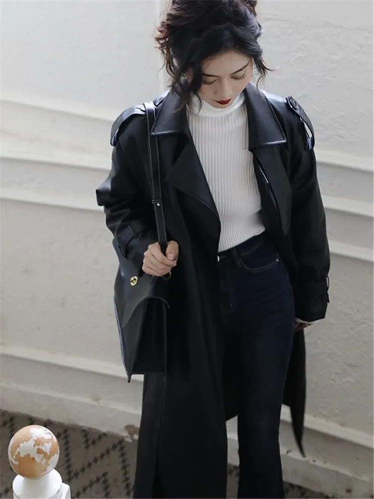 Coat Female Spring and Autumn New Solid Color Lapel Lace-up Mid-length PU Leather Trench Coat Loose Fashion Women's Clothing 606