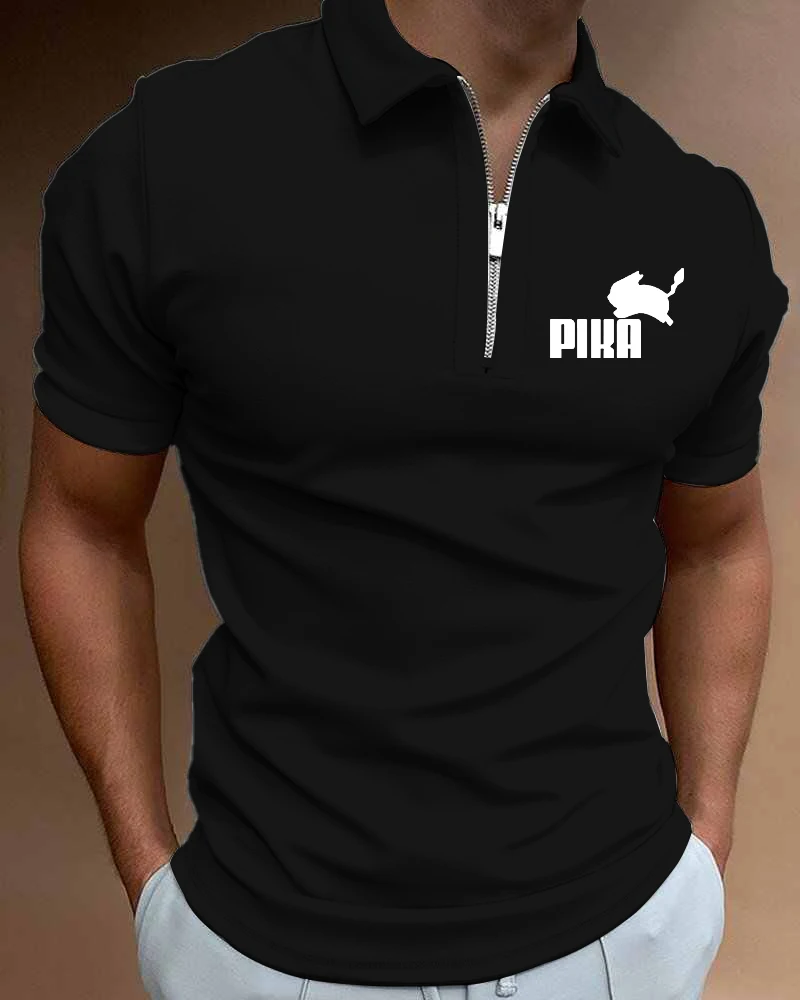 

Fashion New Men's Clothing Polo Shirts Streetwear Map Print Casual Short Sleeve Tee Shirt Men Turn-Down Collar Zipper Polo Tops