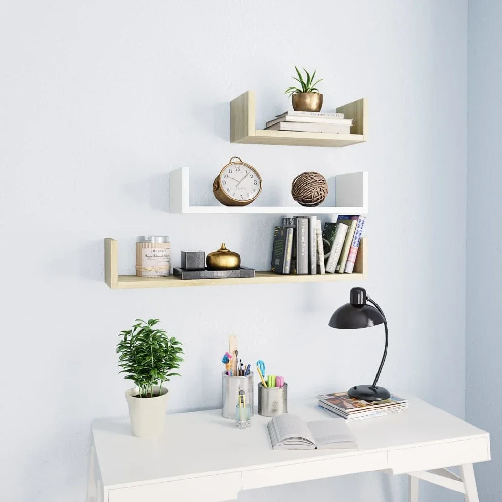 

Wall Display Shelf 3 pcs White and Sonoma Oak Chipboard