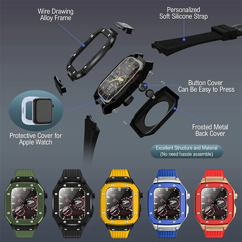 Pаспродажа Чехол для IWatch Series 7 8 45 мм для Apple Watch 8 Se 6 5 4 44 мм модный мужской резиновый набор модификация Роскошный чехол из нержавеющей стали