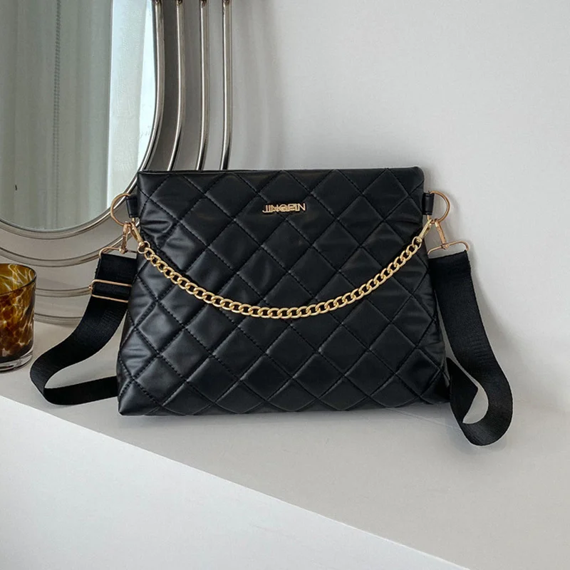 

Модные сумки через плечо в Корейском стиле для женщин, большие сумки и кошельки, сумка через плечо с широким ремешком и цепочкой