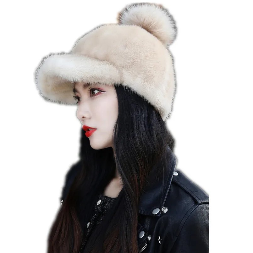Women Real Mink Fur Hats Winter Caps with Genuine Fox Fur Pompom Thick Warm Winter Baseball Caps