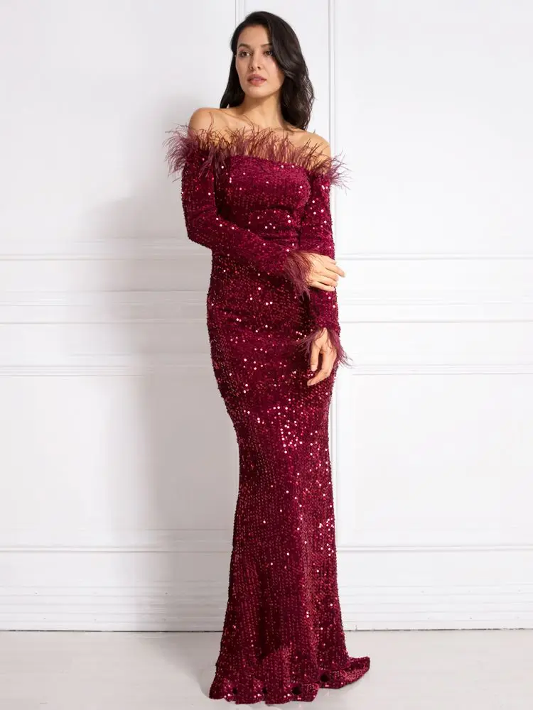 

Sparkle Burgundy Feathers Sequin Maxi Cocktail Dress Mermaid Off The Shoulder Long Sleeve Stretch Wedding Party Gown Winter