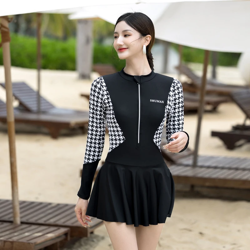 Women Swimsuit One Piece Plaid Swimdress Long Sleeve Shorts Bathing Suit Female Swimwear Skirt Zipper High Quality