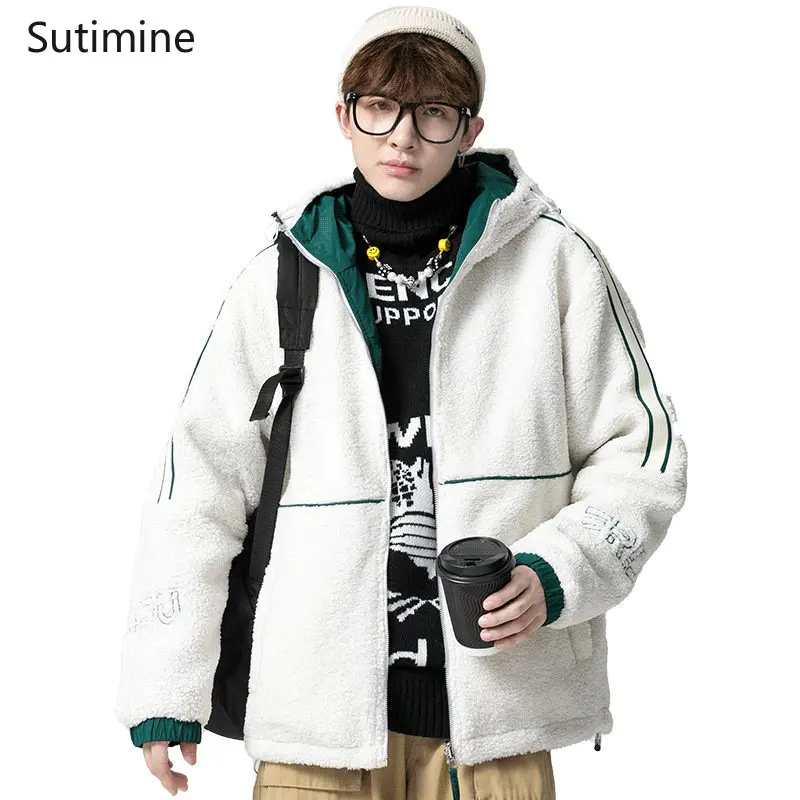 Winter Coat Youthful Vitality Turn-down Hooded Youth Casual Loose Cotton Coat Daily Lamb Coat Pockets Zipper Men Clothing