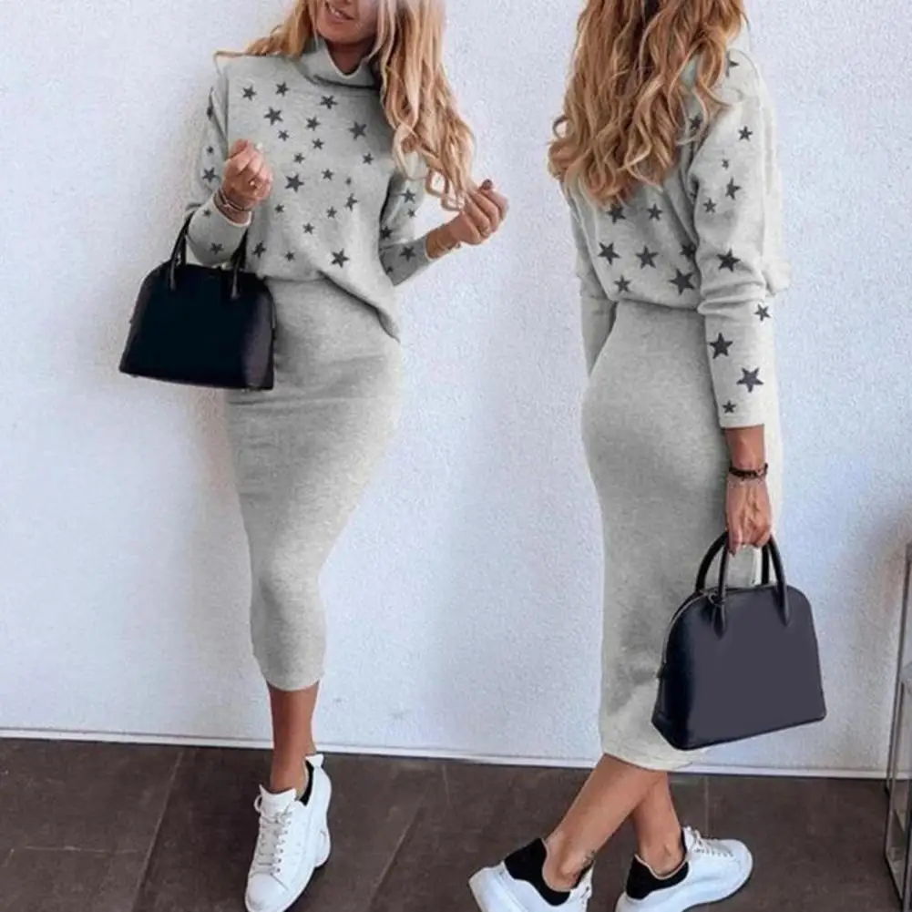 1 Set Casual Skirt Suit Five-pointed Star Print Comfy Autumn Winter Bodycon Mid-Calf Blouse Skirt