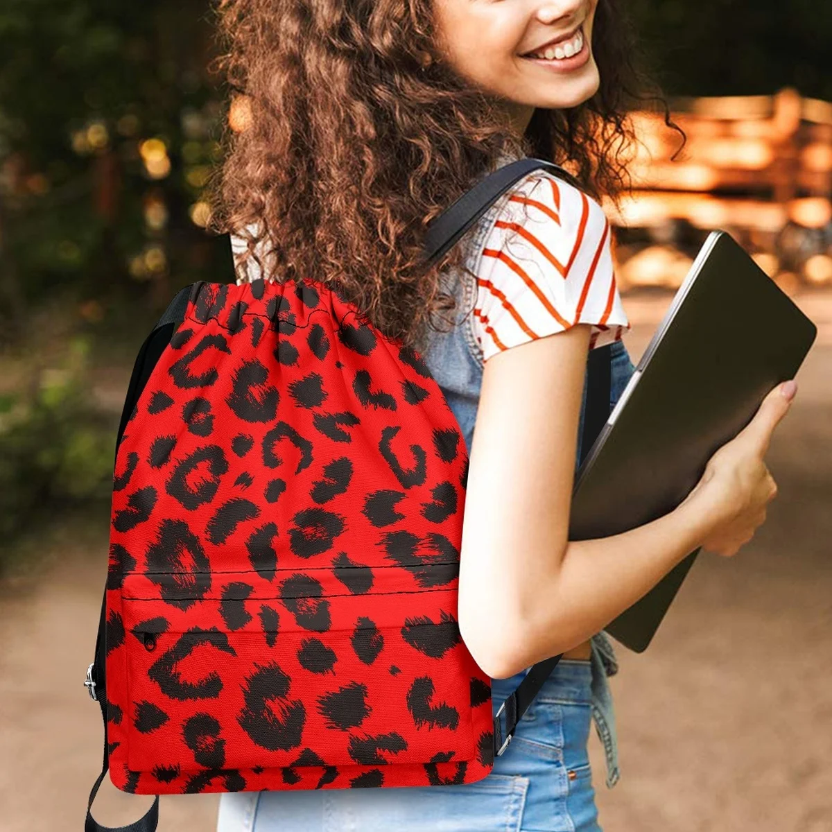 Red Leopard Print Drawstring Backpack for Women Casual Yoga Gym Shoulder Bags Foldable Canvas School Bags for Children Back Pack
