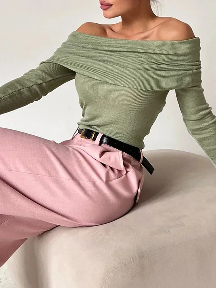 Осень-зима 2024 пуловеры модная уличная одежда сексуальные футболки с плечами