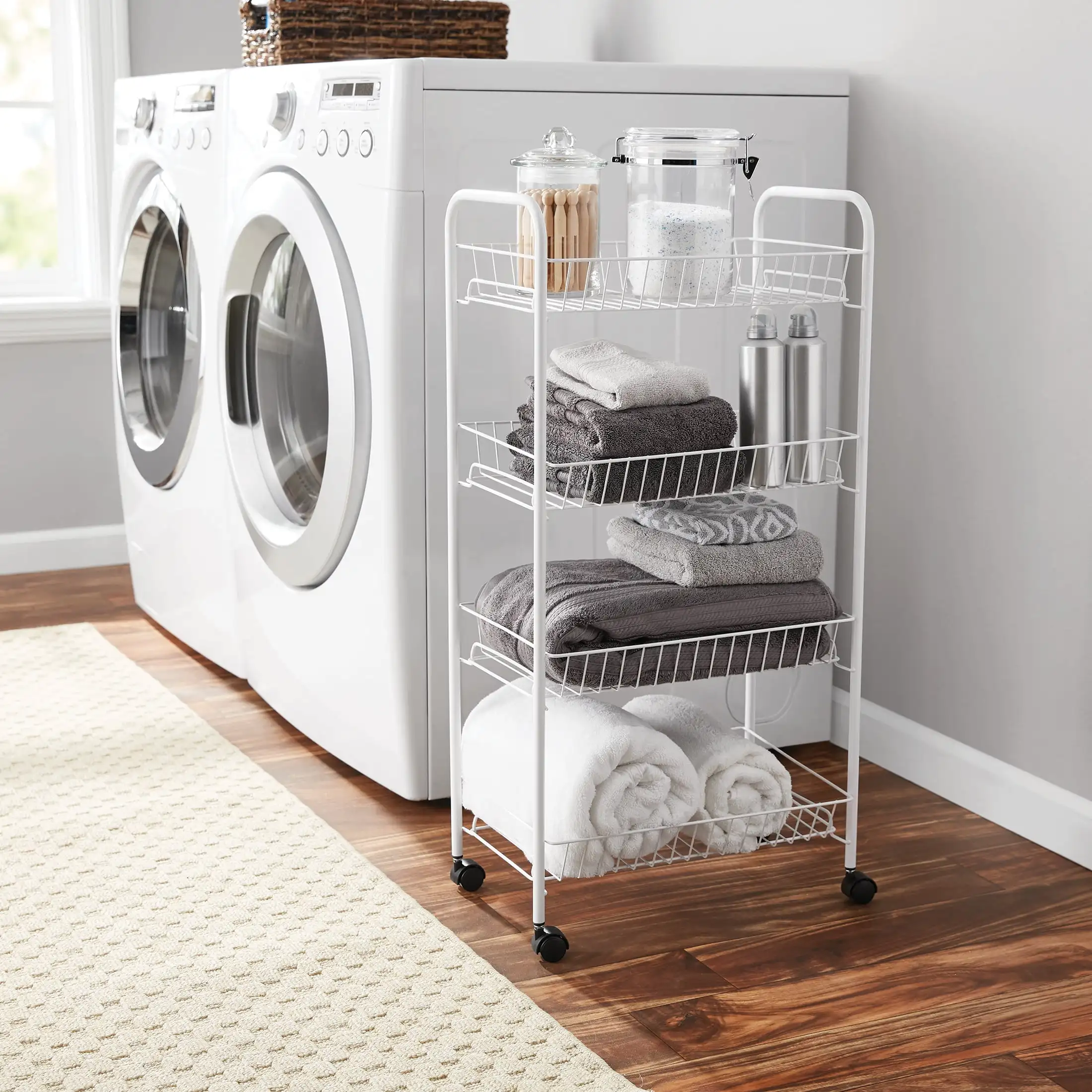 

4-Shelf Steel Laundry Cart with Caster Wheels, White, Adult, Senior and Teen Age Groups， kitchen storage