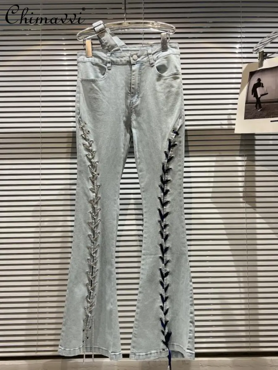 

New 2022 Autumn Fashion Metal Chain Lace-up Cutout Flare Trousers Ladies Solid Color All-Matching Slim Fit Denim Pants Female