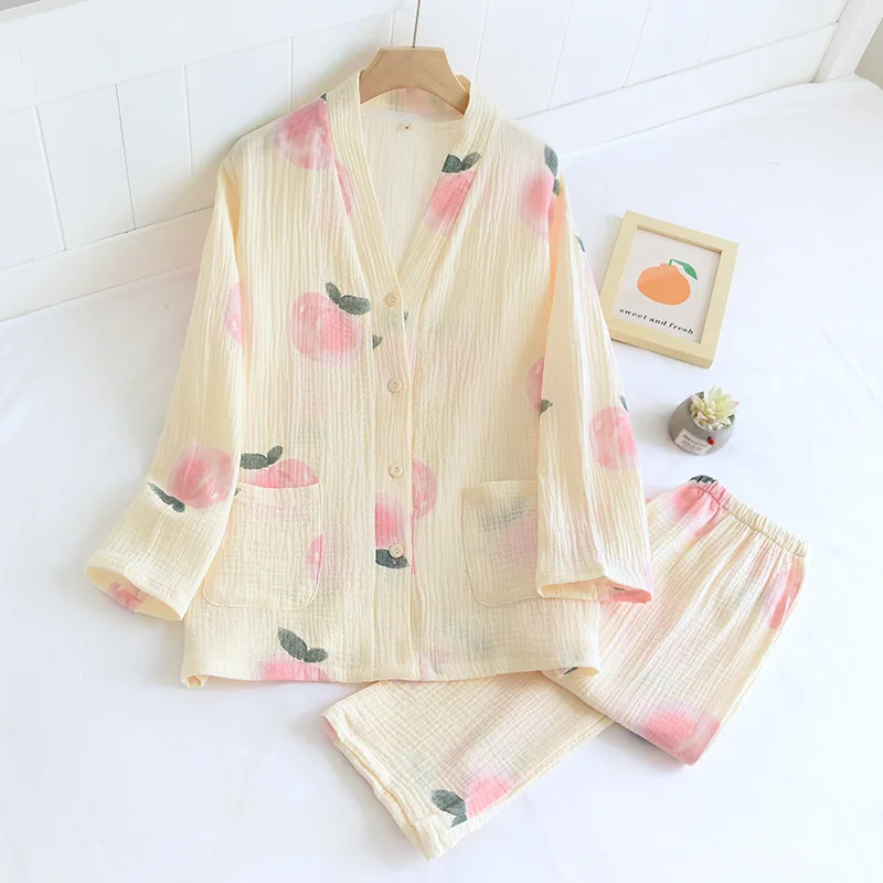 

INS Sweet Girly Pajamas Women's Cotton Homewear Suit Ladies Long-sleeve Trousers Sleepwear Peach Print V-neck Soft Nightwear Set