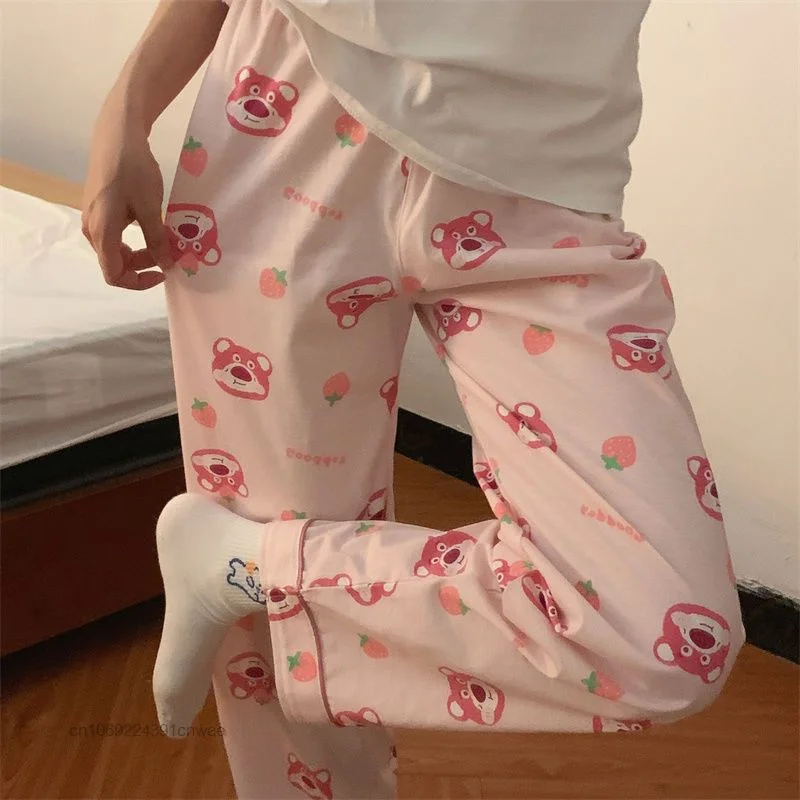 Disney Lotso Kawaii Trouser Y2k Spring Autumn Cute Anime Cartoon Pajamas Trousers Female Thin Casual Household Sleep Pants Women