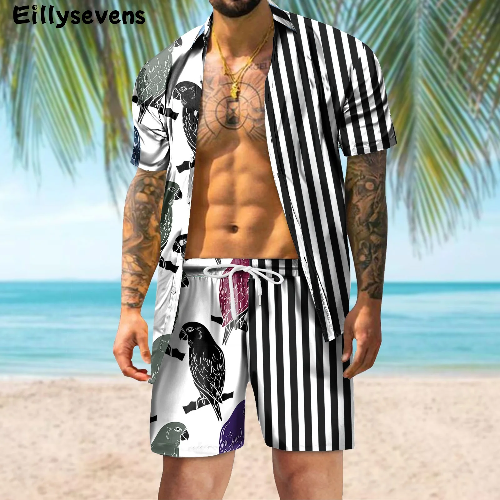 

New Print Striped Men's Sportswear Set Hawaiian Beach Style Loose Clothes for Men Short Sleeve Men's Shirt Vetements Hommes