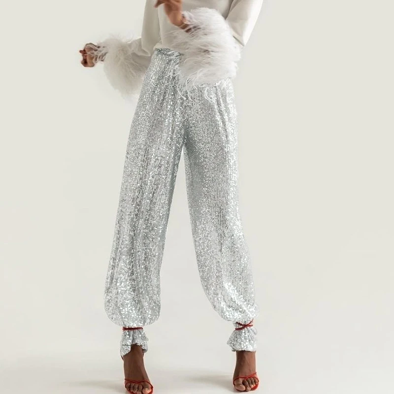 

Casual Draped Solid Party Straight Trousers 2023 New Summer Women Streetwear Pants Fashion Shiny Sequin Elastic Waist Long Pants